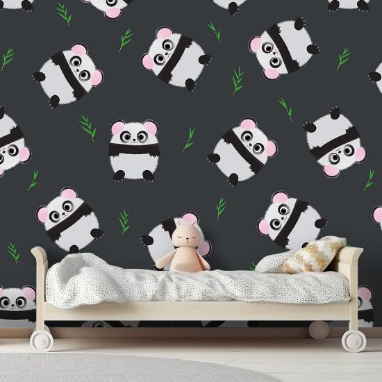 Picture of Hand Made Wallpaper 3D Wall Mural Seamless Pattern Panda Bear On Black Background, Kid Design Style, Vector Illustration