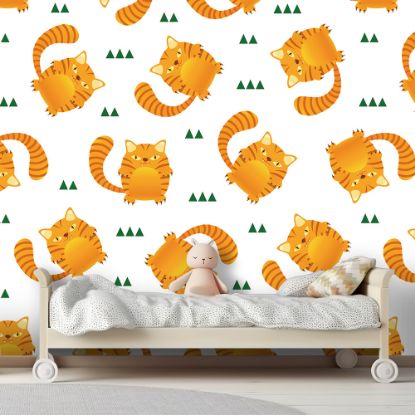 Picture of Hand Made Wallpaper 3D Wall Mural Seamless Pattern Cute Tiger Stripes Cat On White Background, Kid Design Style, Vector