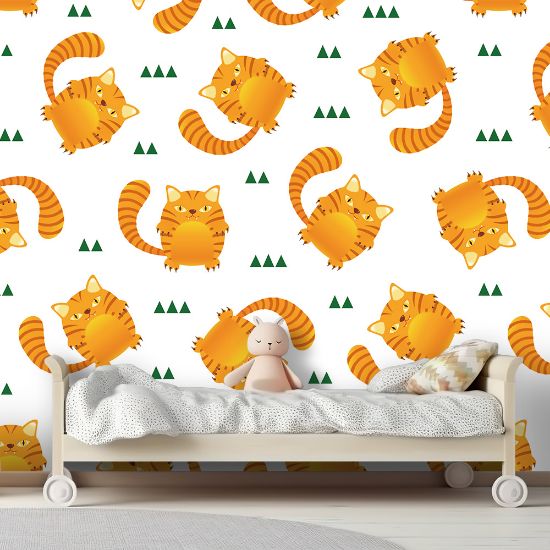 Picture of Hand Made Wallpaper 3D Wall Mural Seamless Pattern Cute Tiger Stripes Cat On White Background, Kid Design Style, Vector