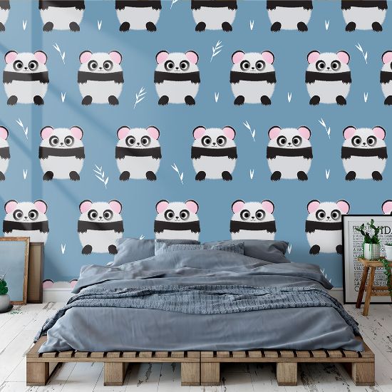 Picture of Hand Made Wallpaper 3D Wall Mural Seamless Pattern Panda Bear On Blue Background, Kid Design Style, Vector Illustration