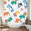 Picture of Hand Made Wallpaper 3D Wall Mural Dinosaurs Seamless Pattern For Kids, Creative Vector Childish Background