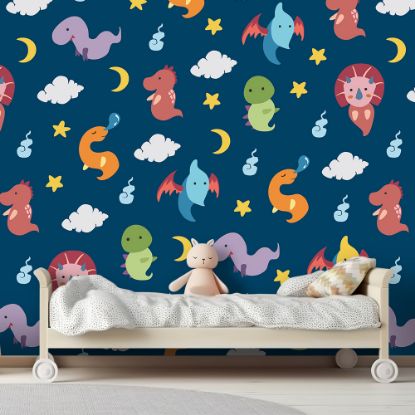 Picture of Hand Made Wallpaper 3D Wall Mural Dinosaurs Seamless Pattern For Kids, Creative Vector Childish Background