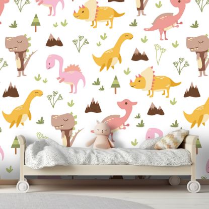 Picture of Hand Made Wallpaper 3D Wall Mural Dinosaurs Seamless Pattern For Kids, Creative Vector Childish Background