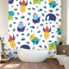 Picture of Hand Made Wallpaper 3D Wall Mural Dinosaurs Seamless Pattern For Kids, Creative Vector Childish Background