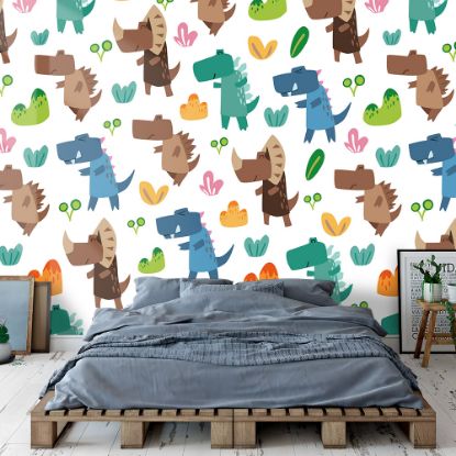 Picture of Hand Made Wallpaper 3D Wall Mural Dinosaurs Seamless Pattern For Kids, Creative Vector Childish Background