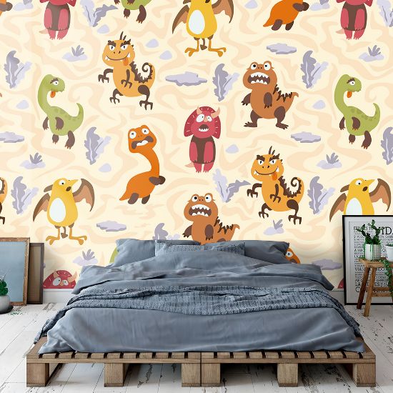 Picture of Hand Made Wallpaper 3D Wall Mural Dinosaurs Seamless Pattern For Kids, Creative Vector Childish Background