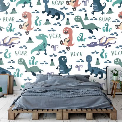 Picture of Hand Made Wallpaper 3D Wall Mural Dinosaurs Seamless Pattern For Kids, Creative Vector Childish Background