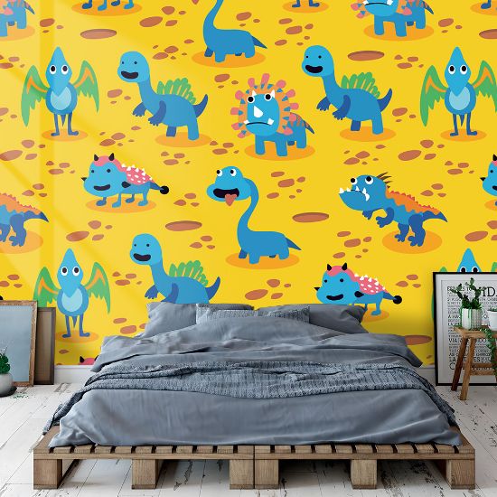 Picture of Hand Made Wallpaper 3D Wall Mural Dinosaurs Seamless Pattern For Kids, Creative Vector Childish Background