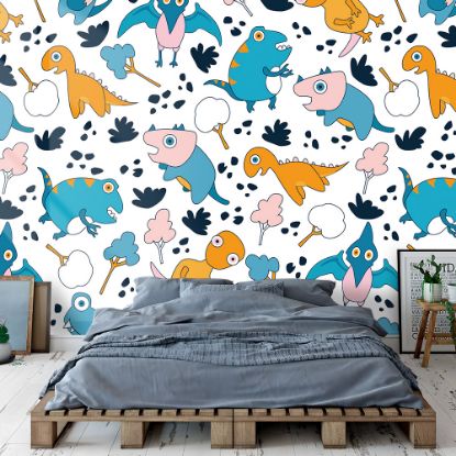 Picture of Hand Made Wallpaper 3D Wall Mural Dinosaurs Seamless Pattern For Kids, Creative Vector Childish Background