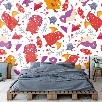 Picture of Hand Made Wallpaper 3D Wall Mural Dinosaurs Seamless Pattern For Kids, Creative Vector Childish Background