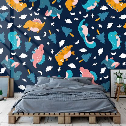 Picture of Hand Made Wallpaper 3D Wall Mural Dinosaurs Seamless Pattern For Kids, Creative Vector Childish Background