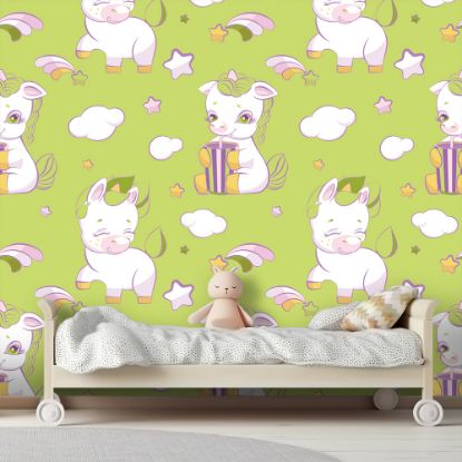 Picture of Hand Made Wallpaper 3D Wall Mural Unicorn Light Green Seamless Pattern For Kids Things