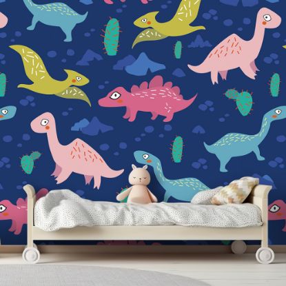 Picture of Hand Made Wallpaper 3D Wall Mural Dinosaurs Seamless Pattern For Kids, Creative Vector Childish Background