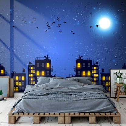 Picture of Hand Made Wallpaper Children's Room Cartoon Night Sky High-rise Moon Bird Stars Blue Background Wall