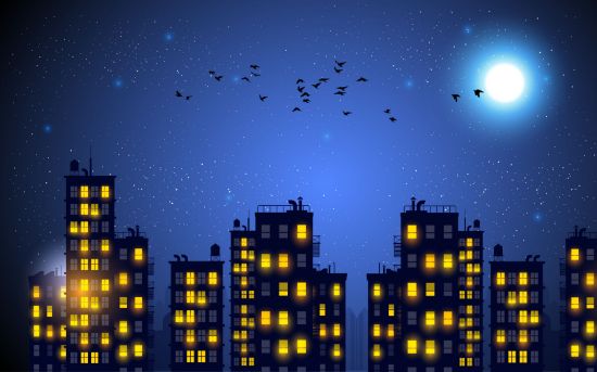 Picture of Hand Made Wallpaper Children's Room Cartoon Night Sky High-rise Moon Bird Stars Blue Background Wall