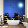 Picture of Hand Made Wallpaper Children's Room Cartoon Night Sky High-rise Moon Bird Stars Blue Background Wall