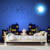 Picture of Hand Made Wallpaper Children's Room Cartoon Night Sky High-rise Moon Bird Stars Blue Background Wall