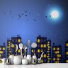 Picture of Hand Made Wallpaper Children's Room Cartoon Night Sky High-rise Moon Bird Stars Blue Background Wall