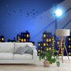 Picture of Hand Made Wallpaper Children's Room Cartoon Night Sky High-rise Moon Bird Stars Blue Background Wall