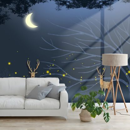 Picture of Hand Made Wallpaper Children's Room Cartoon Tree Night View Golden Elk Moon Firefly Background Wall