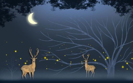 Picture of Hand Made Wallpaper Children's Room Cartoon Tree Night View Golden Elk Moon Firefly Background Wall