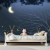 Picture of Hand Made Wallpaper Children's Room Cartoon Tree Night View Golden Elk Moon Firefly Background Wall