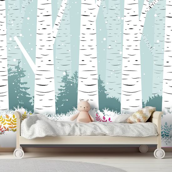 Picture of Hand Made Wallpaper Modern Fashion Cartoon Woods Flowers And Grass Children's Room Light Green Background Wall