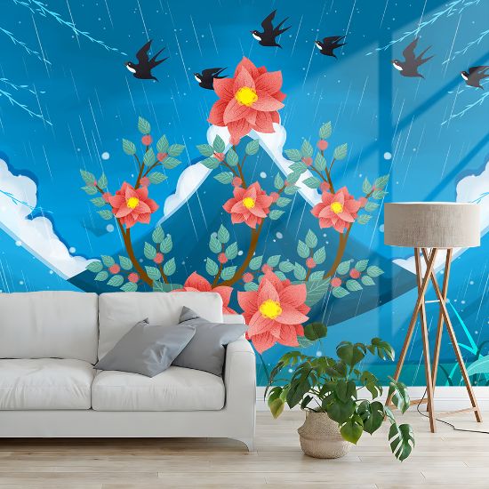 Picture of Hand Made Wallpaper Modern Drawing Beautiful Rain Mountain Peak Flowers And Swallows Children's Room Background Wall