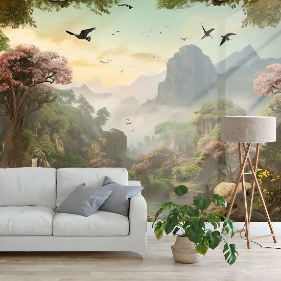 Picture of Hand Made Wallpaper Landscape Mural Mountainous 3d With Forest Birds And Flowers