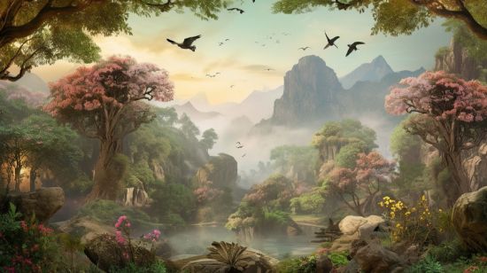 Picture of Hand Made Wallpaper Landscape Mural Mountainous 3d With Forest Birds And Flowers