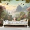 Picture of Hand Made Wallpaper Landscape Mural Mountainous 3d With Forest Birds And Flowers