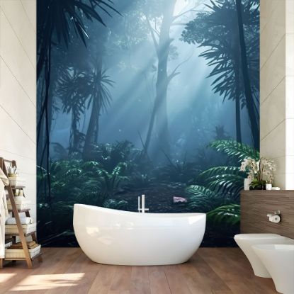 Picture of Hand Made Wallpaper Fog Forest Misty Jungle At Night 3d Illustration Of Dark Trees In Thick