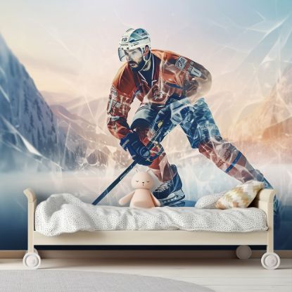 Picture of Hand Made Wallpaper Skating Rink Polygon Style 3d Illustration Of A Hockey Player In An Ice Surrounded By Mountains And Forest