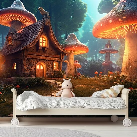 Picture of Hand Made Wallpaper Mushroom Forest A Magical Village Of Fairies With Houses Glowing Trees And 3d Illustration