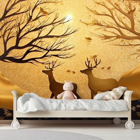 Picture of Hand Made Wallpaper 3d Forest Deer Gilded A Canvas Art Featuring Moon Birds And As Decorative Wallpaper