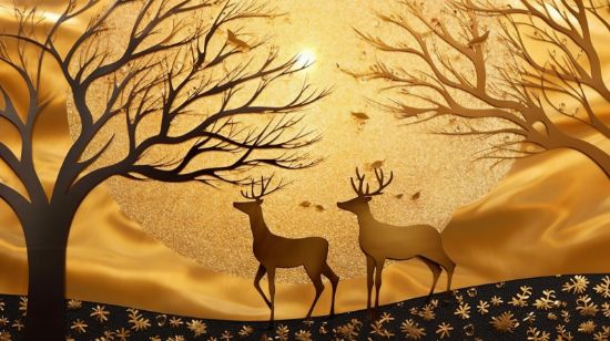 Picture of Hand Made Wallpaper 3d Forest Deer Gilded A Canvas Art Featuring Moon Birds And As Decorative Wallpaper