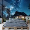 Picture of Hand Made Wallpaper Dark Starry Sky Enchanting 3d Illustration Of A Tropical House Amidst Forest With Night