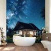 Picture of Hand Made Wallpaper Dark Starry Sky Enchanting 3d Illustration Of A Tropical House Amidst Forest With Night