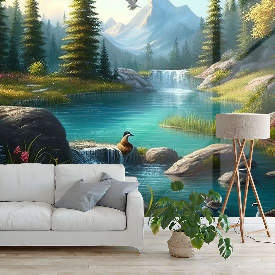 Picture of Hand Made Wallpaper Beautiful Nature Levely Countryside Place With Water River And Forest Tree Wall Background