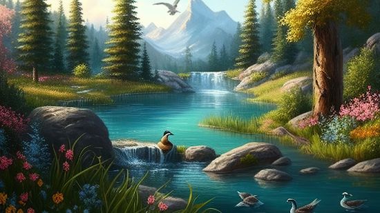 Picture of Hand Made Wallpaper Beautiful Nature Levely Countryside Place With Water River And Forest Tree Wall Background