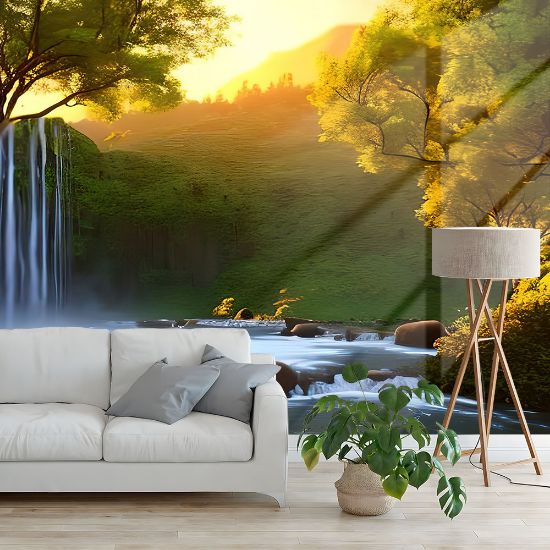 Picture of Hand Made Wallpaper Nature Lovely Countryside Place Waterfall And Forest Trees With A Sunset View Of Wallpaper