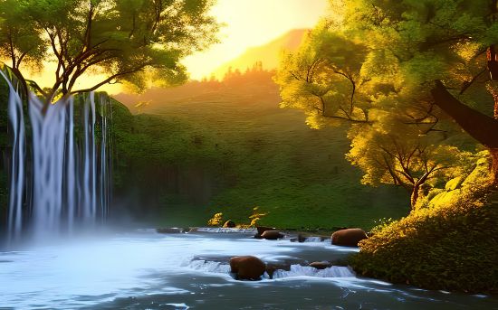 Picture of Hand Made Wallpaper Nature Lovely Countryside Place Waterfall And Forest Trees With A Sunset View Of Wallpaper