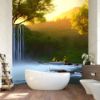 Picture of Hand Made Wallpaper Nature Lovely Countryside Place Waterfall And Forest Trees With A Sunset View Of Wallpaper