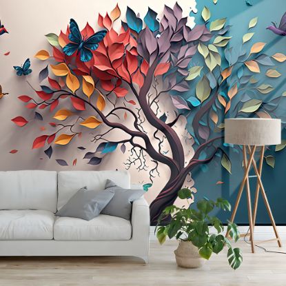 Picture of Hand Made Wallpaper 3d Abstraction Tree With Leaves On Hanging Branches Illustration Background Wallpaper