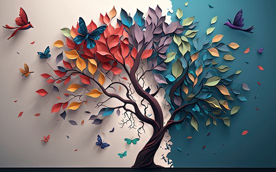 Picture of Hand Made Wallpaper 3d Abstraction Tree With Leaves On Hanging Branches Illustration Background Wallpaper