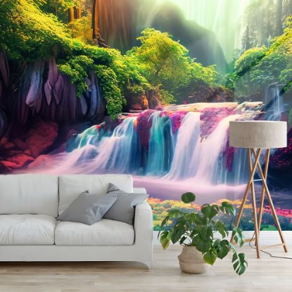 Picture of Hand Made Wallpaper Beautiful Waterfall Nature Scenery Of Colorful Deep Forest Generative AI