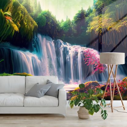 Picture of Hand Made Wallpaper Beautiful Waterfall Nature Scenery Of Colorful Deep Forest In Summer Day Generative AI