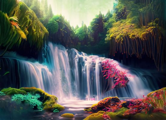 Picture of Hand Made Wallpaper Beautiful Waterfall Nature Scenery Of Colorful Deep Forest In Summer Day Generative AI