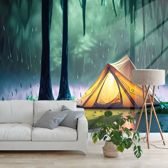 Picture of Hand Made Wallpaper Rain On The Tent In Forest Tropic Quiet Calm Peaceful Meditation Generative AI