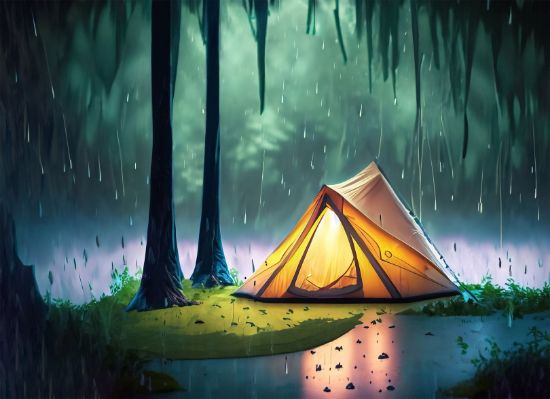 Picture of Hand Made Wallpaper Rain On The Tent In Forest Tropic Quiet Calm Peaceful Meditation Generative AI